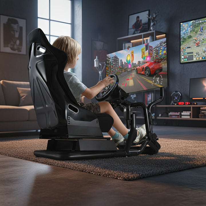 Simulador de carreras Cockpit 3 en 1 Asiento de juego hasta 130kg Soporte de palanca de cambio Soporte de volante Soporte de TV hasta 50" Max. Vesa 400x200 ...