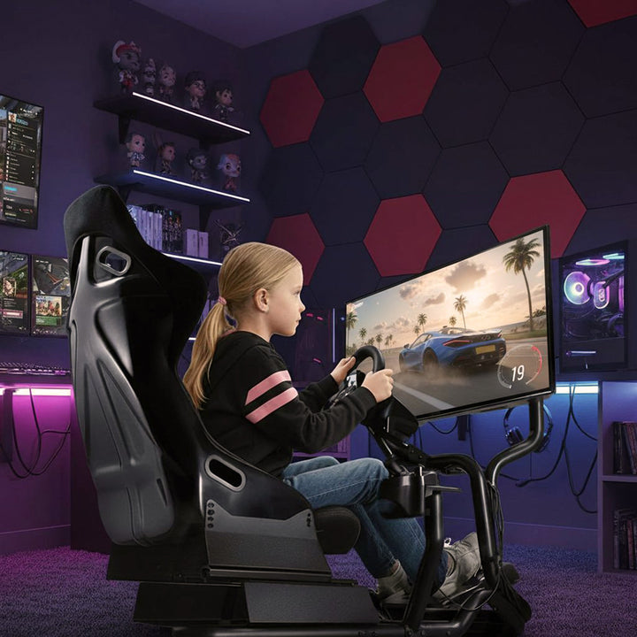 Simulador de carreras Cockpit 3 en 1 Asiento de juego hasta 130kg Soporte de palanca de cambio Soporte de volante Soporte de TV hasta 50" Max. Vesa 400x200 ...