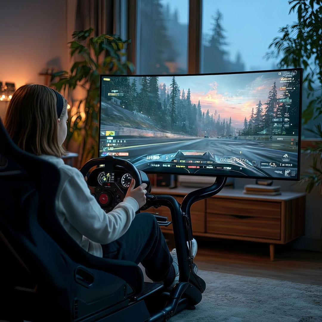 Simulador de carreras Cockpit 3 en 1 Asiento de juego hasta 130kg Soporte de palanca de cambio Soporte de volante Soporte de TV hasta 50" Max. Vesa 400x200 ...