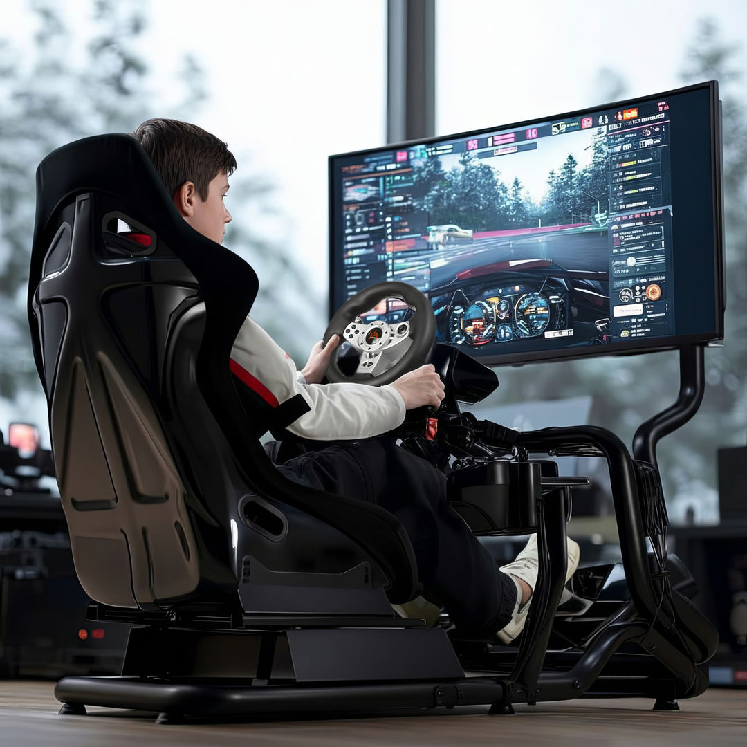 Simulador de carreras Cockpit 3 en 1 Asiento de juego hasta 130kg Soporte de palanca de cambio Soporte de volante Soporte de TV hasta 50" Max. Vesa 400x200 ...