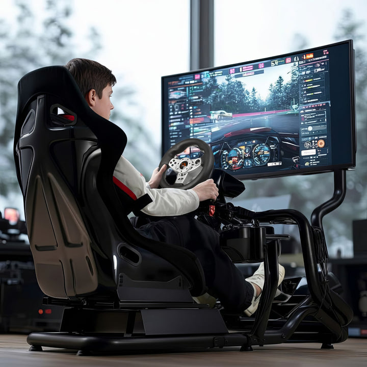 Simulador de carreras Cockpit 3 en 1 Asiento de juego hasta 130kg Soporte de palanca de cambio Soporte de volante Soporte de TV hasta 50" Max. Vesa 400x200 ...