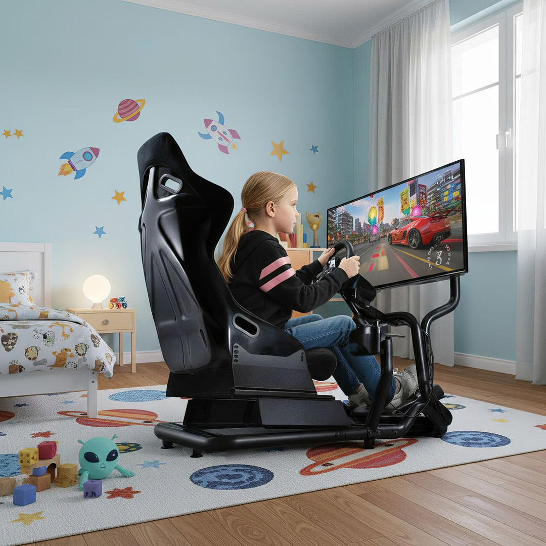 Simulador de carreras Cockpit 3 en 1 Asiento de juego hasta 130kg Soporte de palanca de cambio Soporte de volante Soporte de TV hasta 50" Max. Vesa 400x200 ...