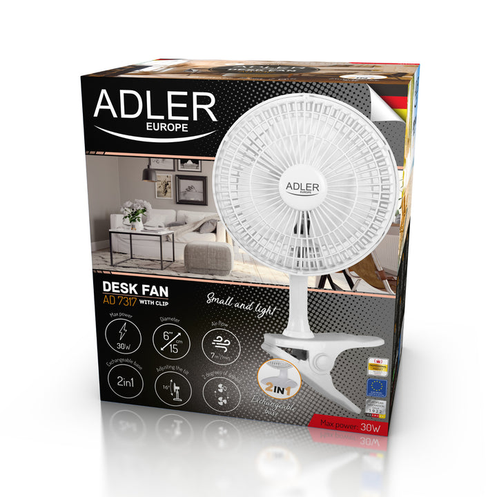 Ventilador de mesa Adler AD7317, clipe e base, diâmetro 15 cm, potência máxima 30 W