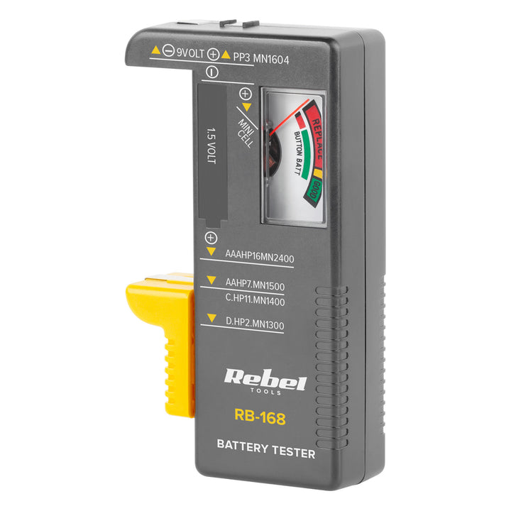 Comprobador de pilas Rebel, analógico, para pilas de 9 V, de botón, AAA, AA, C, D, MIE-RB-168