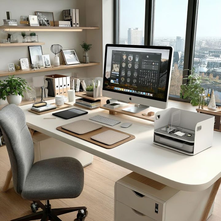 Organizador de escritorio con cajón y sujetalibros Organizador de material de oficina Bandeja de hasta 10 kg Blanco