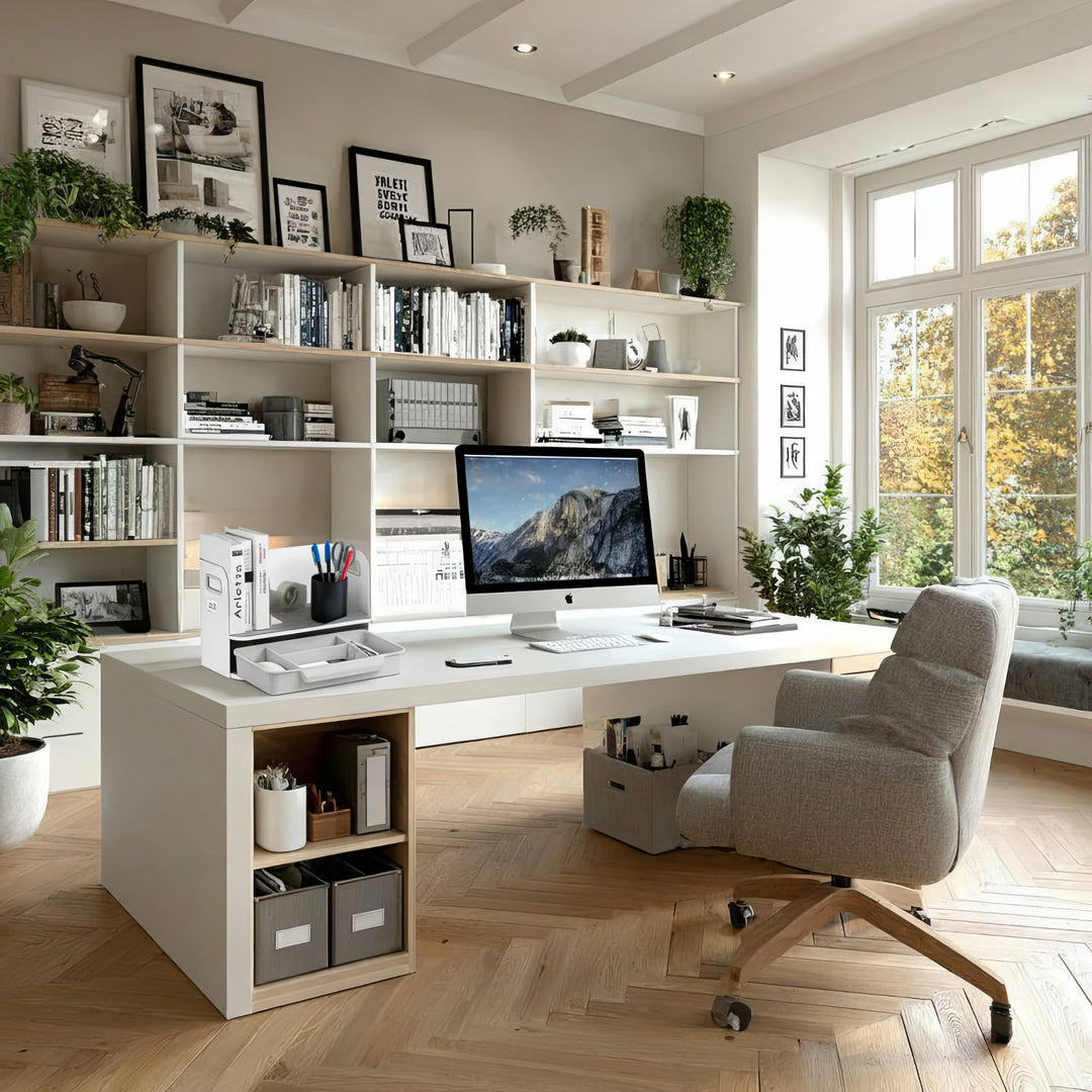 Organizador de escritorio con cajón y sujetalibros Organizador de material de oficina Bandeja de hasta 10 kg Blanco