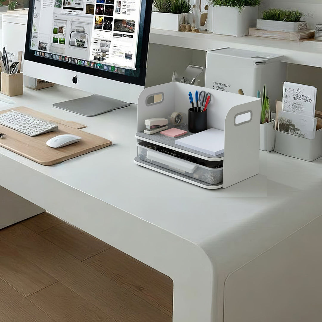 Organizador de escritorio con cajón y sujetalibros Organizador de material de oficina Bandeja de hasta 10 kg Blanco