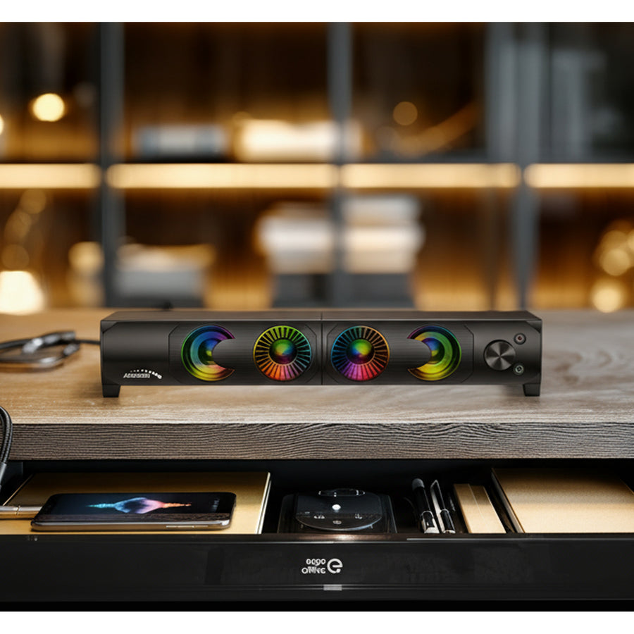 Alto-falante 2 em 1 2.0 para PC com função de barra de som RGB Backlight Alto-falante estéreo 2x3W RMS Fonte de alimentação AUX 3,5mm USB