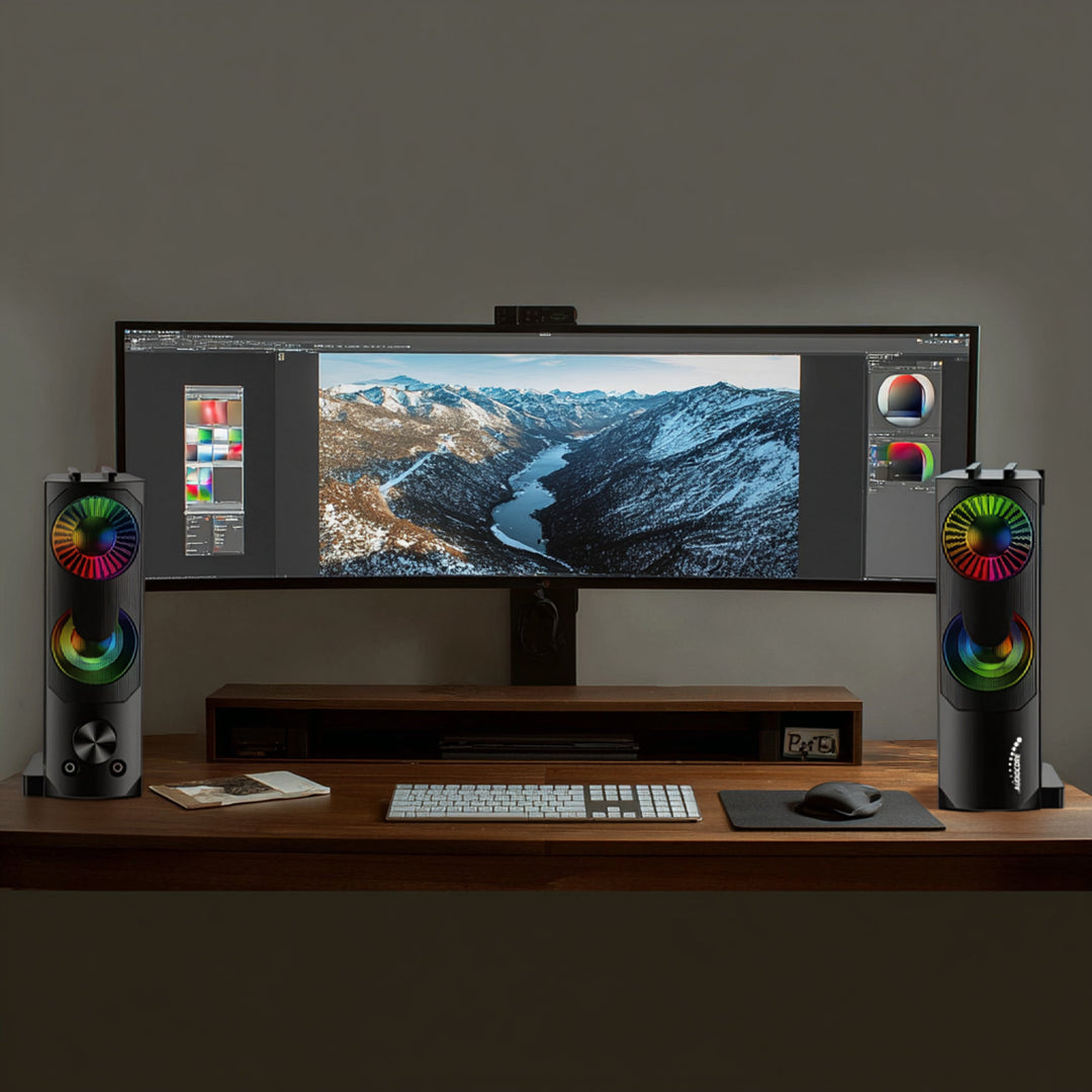 Alto-falante 2 em 1 2.0 para PC com função de barra de som RGB Backlight Alto-falante estéreo 2x3W RMS Fonte de alimentação AUX 3,5mm USB