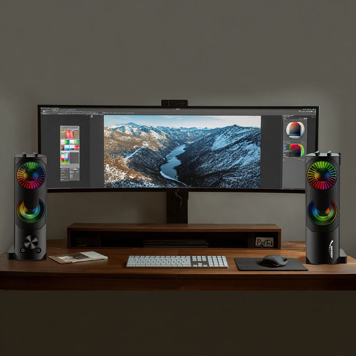 Alto-falante 2 em 1 2.0 para PC com função de barra de som RGB Backlight Alto-falante estéreo 2x3W RMS Fonte de alimentação AUX 3,5mm USB