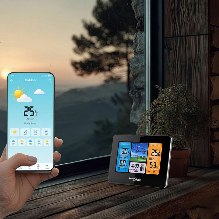 GreenBlue WiFi Estação Meteorológica Suporte TUYA Sensor Externo Calendário Previsão do Tempo Barômetro GB215