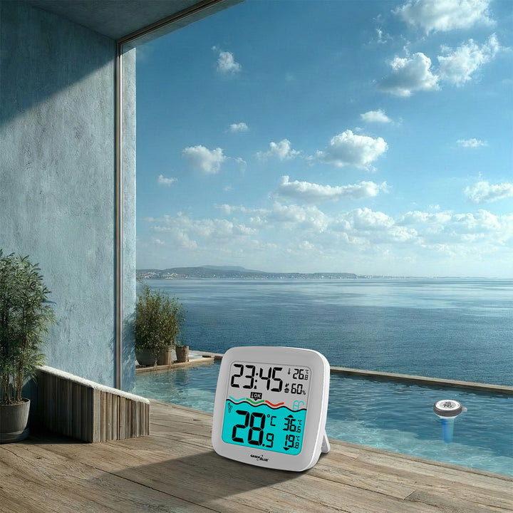 Piscina digital termômetro estação de temperatura flutuante piscina termômetro spa dcf relógio função rádio