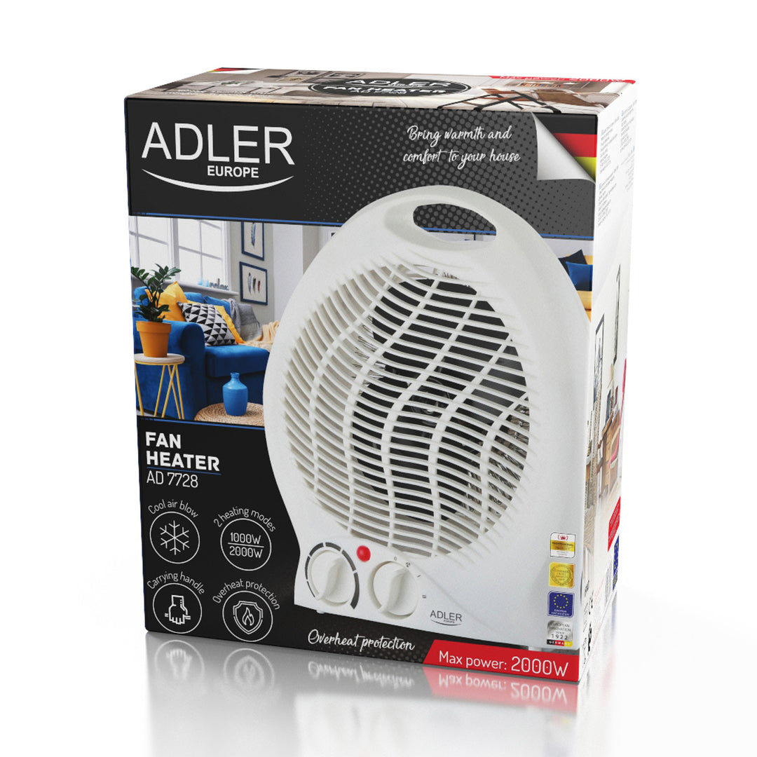 Termoventilador Adler, termostato, función ventilador, 2000W, blanco, AD 7728