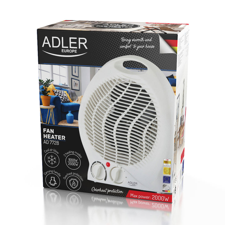 Termoventilador Adler, termostato, función ventilador, 2000W, blanco, AD 7728
