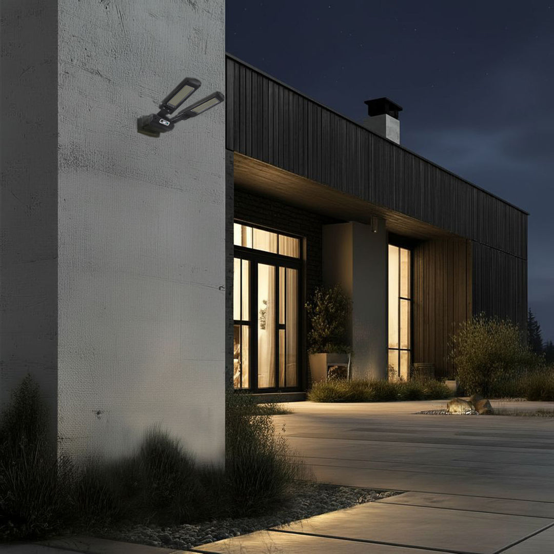 Poste solar LED com sensor de movimento e controle remoto Maclean IP54, 5W, 2x450lm, 6500K, Li-ion 2400 mAh, 3 modos de operação MCE447