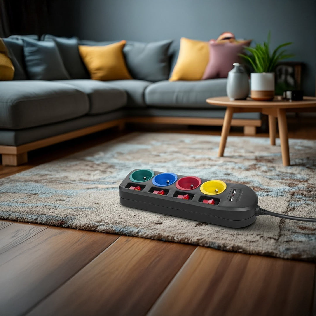 Maclean MCE229 B Extensão Power Strip Cabo de extensão com 4 tomadas + 2xUSB com interruptores, 250VAC / 10A, 2,1A 5V, 1,5m, preto