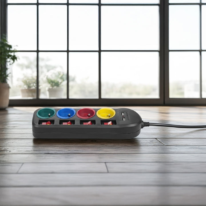 Maclean MCE229 B Extensão Power Strip Cabo de extensão com 4 tomadas + 2xUSB com interruptores, 250VAC / 10A, 2,1A 5V, 1,5m, preto