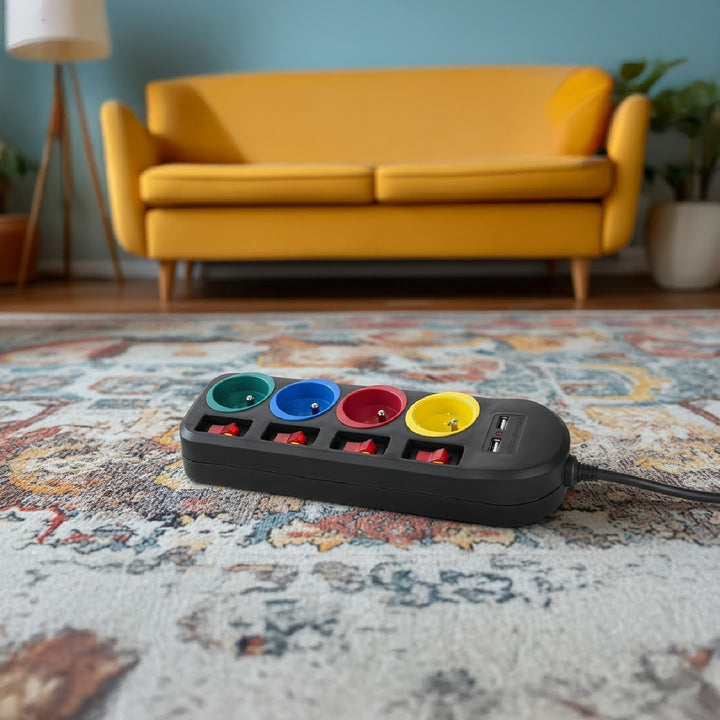 Maclean MCE229 B Extensão Power Strip Cabo de extensão com 4 tomadas + 2xUSB com interruptores, 250VAC / 10A, 2,1A 5V, 1,5m, preto