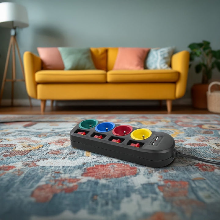 Maclean MCE229 B Extensão Power Strip Cabo de extensão com 4 tomadas + 2xUSB com interruptores, 250VAC / 10A, 2,1A 5V, 1,5m, preto