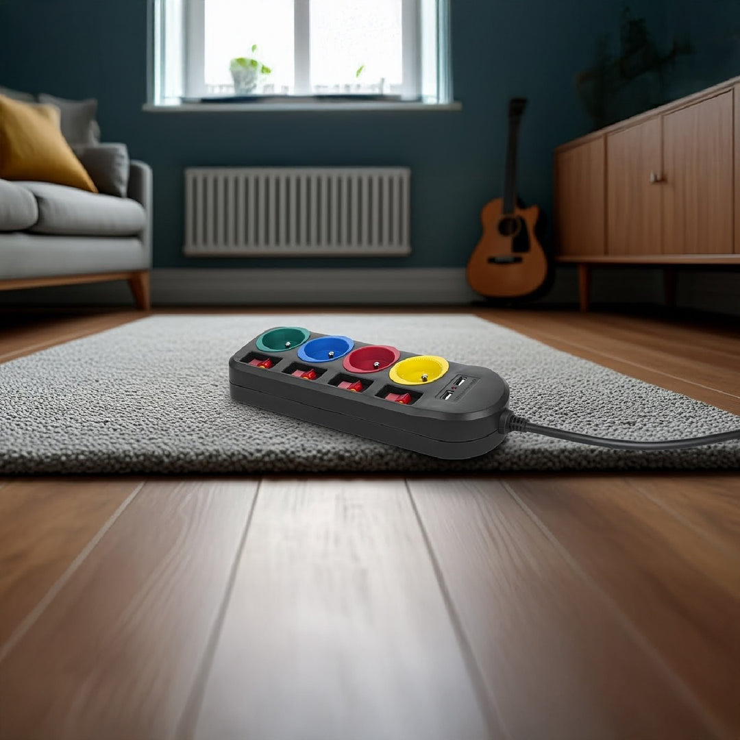 Maclean MCE229 B Extensão Power Strip Cabo de extensão com 4 tomadas + 2xUSB com interruptores, 250VAC / 10A, 2,1A 5V, 1,5m, preto