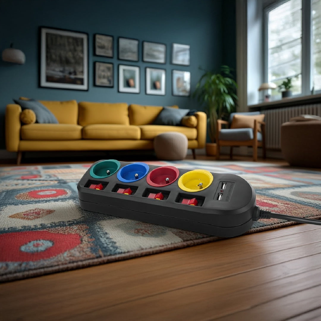 Maclean MCE229 B Extensão Power Strip Cabo de extensão com 4 tomadas + 2xUSB com interruptores, 250VAC / 10A, 2,1A 5V, 1,5m, preto