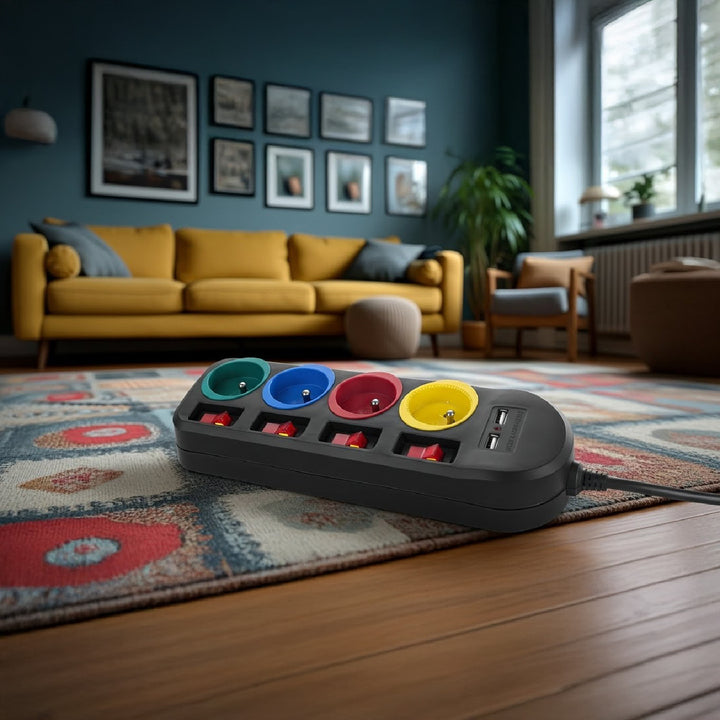 Maclean MCE229 B Extensão Power Strip Cabo de extensão com 4 tomadas + 2xUSB com interruptores, 250VAC / 10A, 2,1A 5V, 1,5m, preto