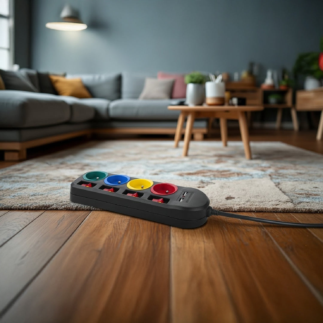 Maclean MCE229 B Extensão Power Strip Cabo de extensão com 4 tomadas + 2xUSB com interruptores, 250VAC / 10A, 2,1A 5V, 1,5m, preto