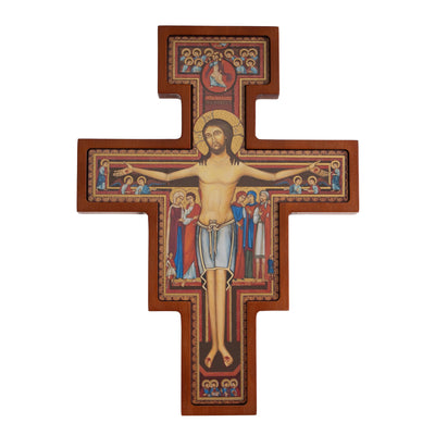 Cruz em Madeira de São Damiano - Cruz Castanha de São Francisco 14x10x1,8cm