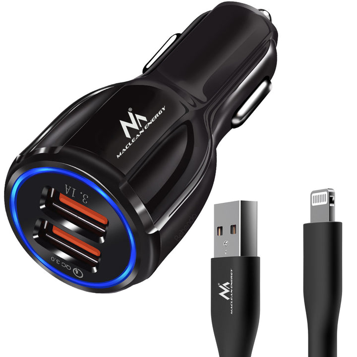 Cargador de coche Maclean, Qualcomm Quick Charge, QC 3.0 - toma 5V/3A, 9V/1.8A, 12V/1.6A, 5V/3.1A con cable USB Lightning