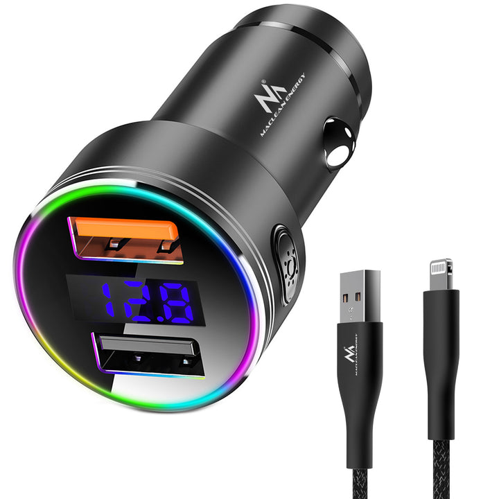 Cargador de coche Maclean, con pantalla, aluminio, voltímetro, USB 1x QC 3.0, USB 1x 5V/2.4A, LED RGB, MCE375 + cable USB Lightning MCE945B