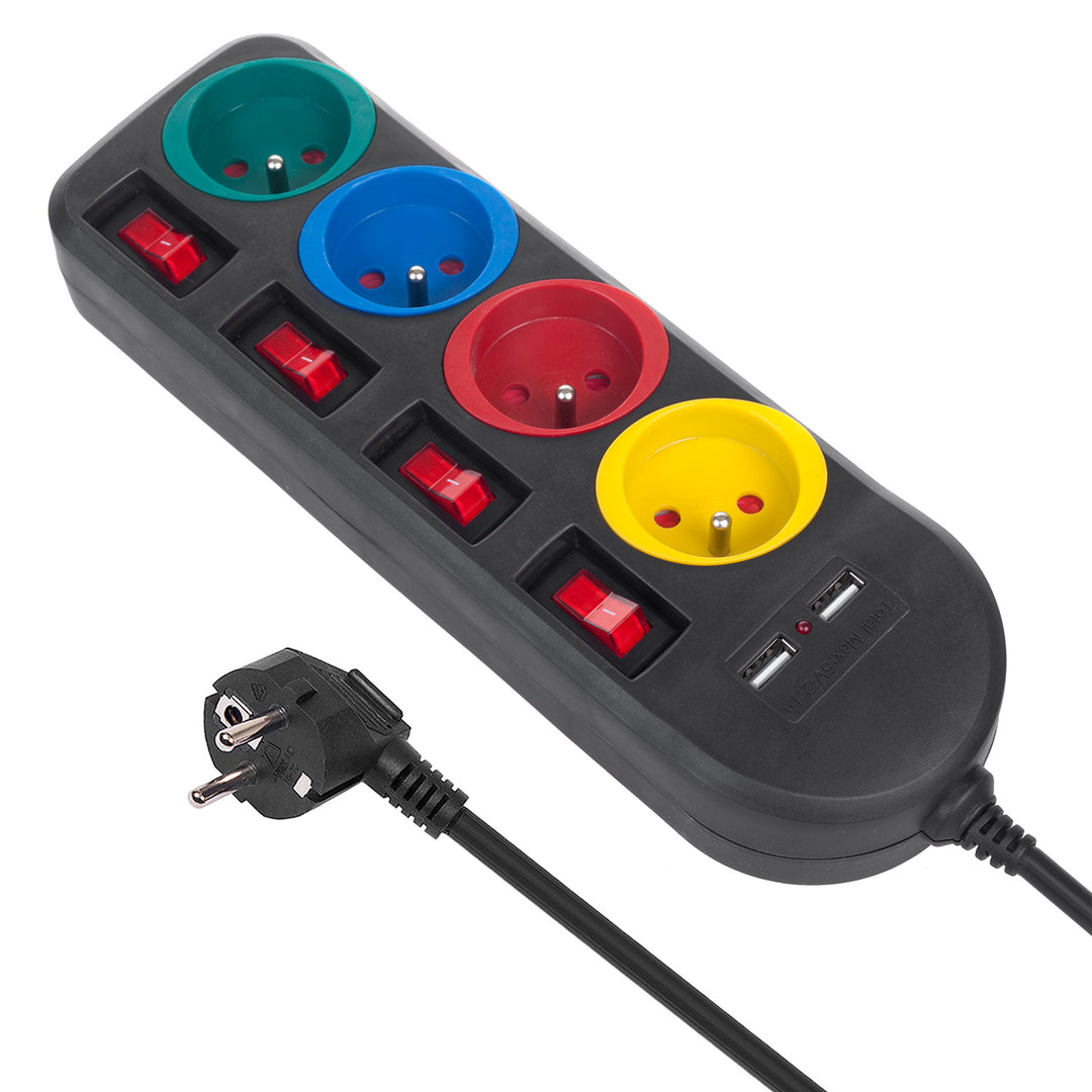Regleta de enchufes Maclean, cable de prolongación de 4 tomas + 2xUSB, con interruptores, 250VAC/10A, 2,1A 5V, 1,5m, blanco, MCE229B + cable USB MCE471