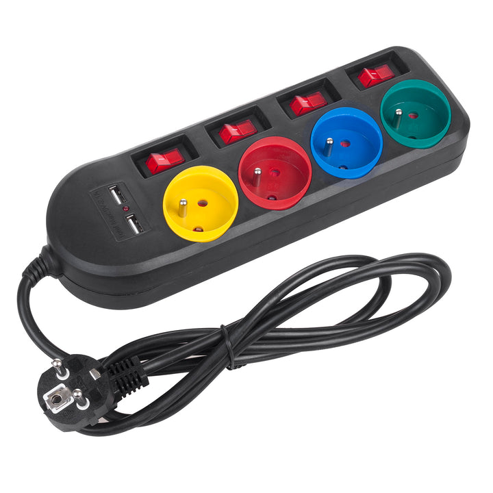 Regleta de enchufes Maclean, cable de prolongación de 4 tomas + 2xUSB, con interruptores, 250VAC/10A, 2,1A 5V, 1,5m, blanco, MCE229B + cable USB MCE471