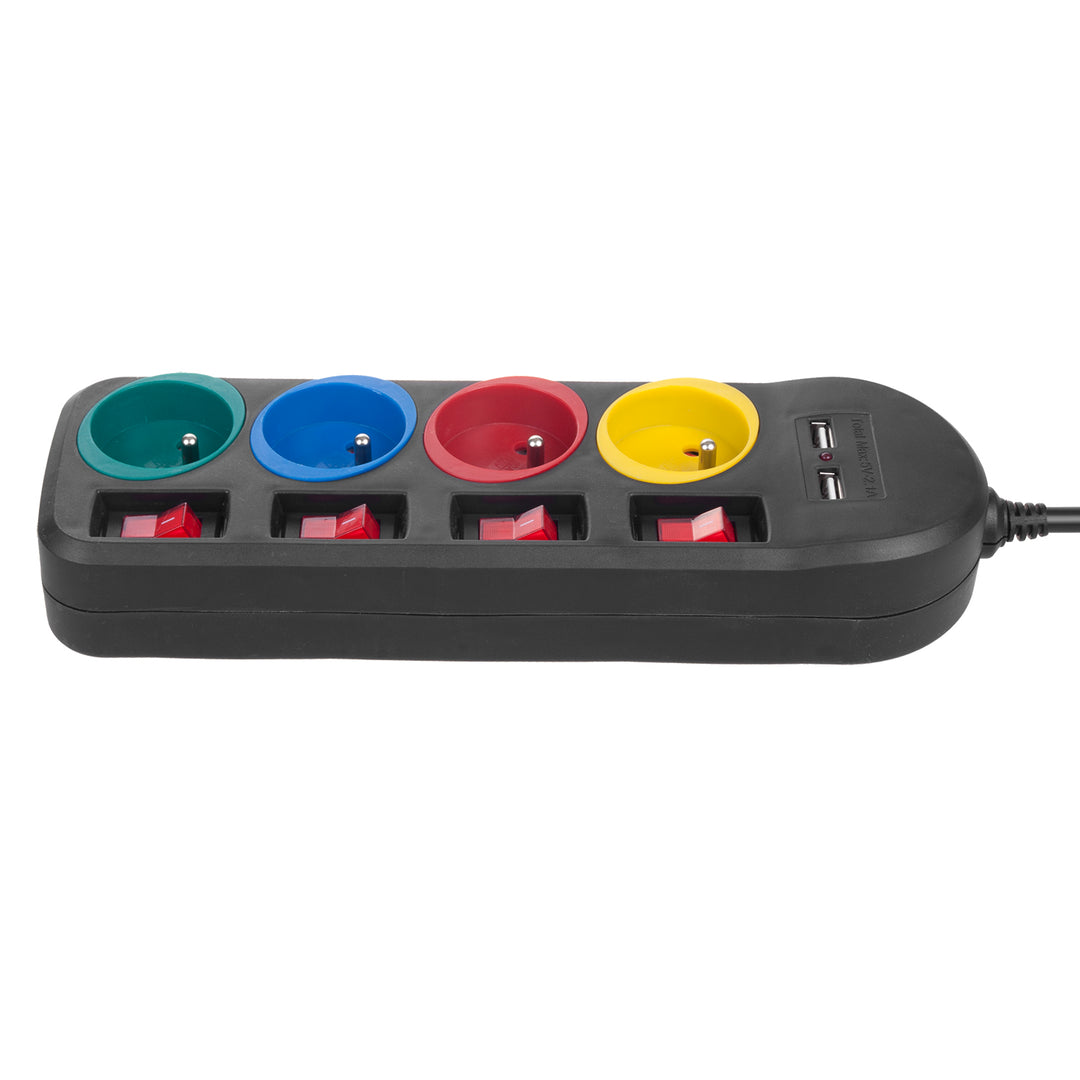 Regleta de enchufes Maclean, cable de prolongación de 4 tomas + 2xUSB, con interruptores, 250VAC/10A, 2,1A 5V, 1,5m, blanco, MCE229B + cable USB MCE471