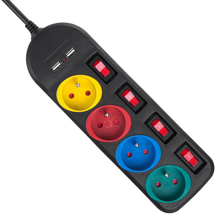 Regleta de enchufes Maclean, cable de prolongación de 4 tomas + 2xUSB, con interruptores, 250VAC/10A, 2,1A 5V, 1,5m, blanco, MCE229B + cable USB MCE471