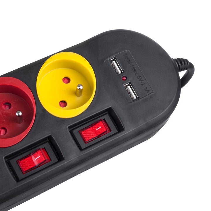 Regleta de enchufes Maclean, cable de prolongación de 4 tomas + 2xUSB, con interruptores, 250VAC/10A, 2,1A 5V, 1,5m, blanco, MCE229B + cable USB MCE471