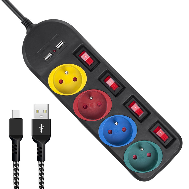 Regleta de enchufes Maclean, cable de prolongación de 4 tomas + 2xUSB, con interruptores, 250VAC/10A, 2,1A 5V, 1,5m, blanco, MCE229B + cable USB MCE471