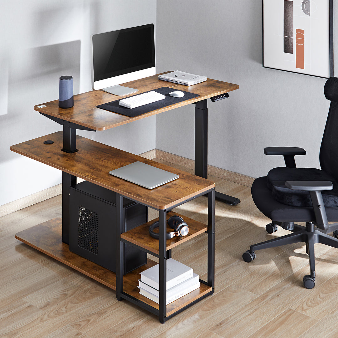 Ergo Office ER-450 Escritorio elevable eléctrico, altura máx. 121 cm, máx. 70 kg, con tablero y estantes, para trabajar de pie y sentado, marrón rústico, 2 piezas