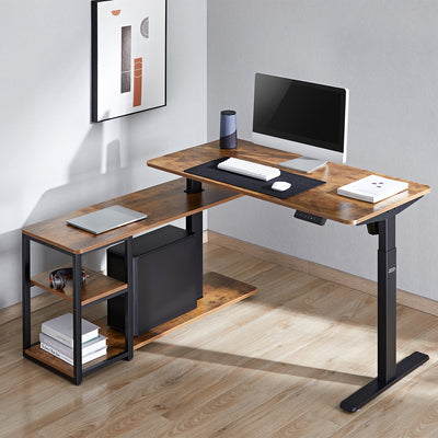 Ergo Office ER-450 Escritorio elevable eléctrico, altura máx. 121 cm, máx. 70 kg, con tablero y estantes, para trabajar de pie y sentado, marrón rústico, 2 piezas