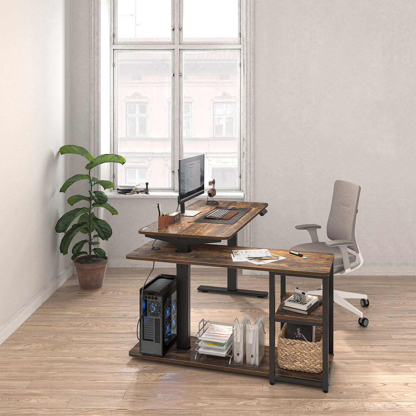Ergo Office ER-450 Escritorio elevable eléctrico, altura máx. 121 cm, máx. 70 kg, con tablero y estantes, para trabajar de pie y sentado, marrón rústico, 2 piezas