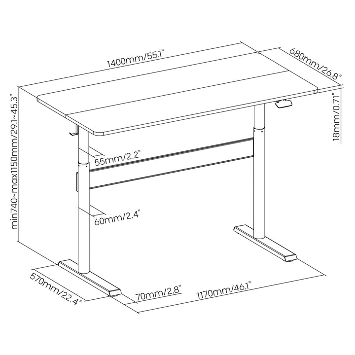 Ergo Office ER-453 Escritorio con tablero 140x68cm, Muelle de gas, Regulable en altura, Escritorio para trabajar de pie o sentado, Altura máxima 115cm