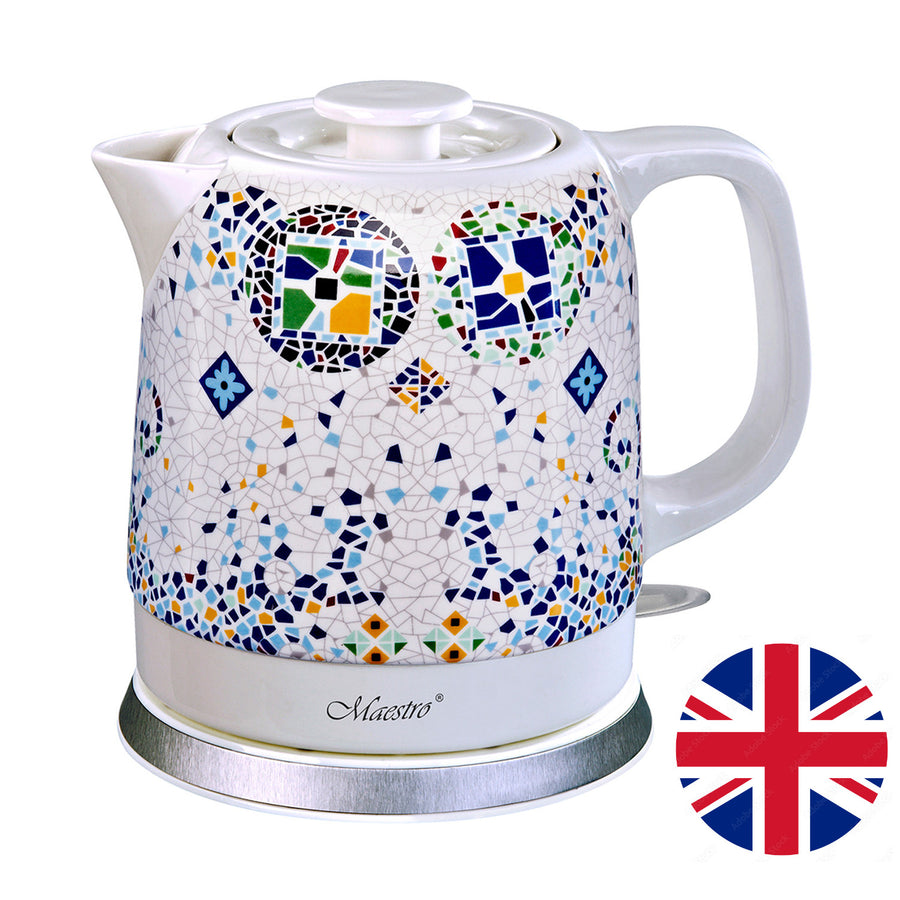 Chaleira elétrica de cerâmica Maestro MR068 de 1,5 L com padrão decorativo em mosaico oriental, desligamento automático, proteção contra sobreaquecimento, ficha de 3 pinos para o Reino Unido