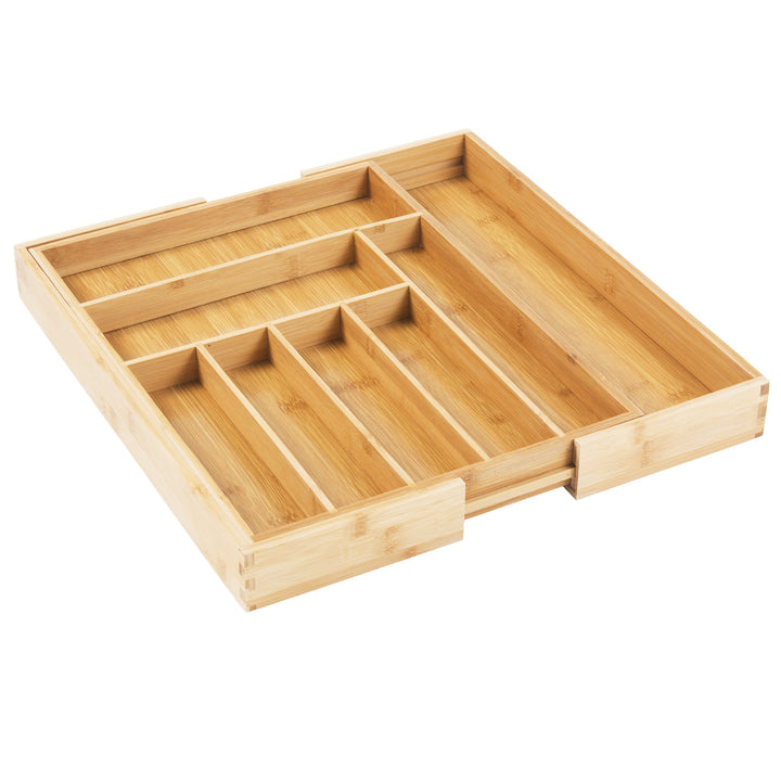 GreenBlue GB379 Organizador de Bambú para Cubiertos, Bandeja Extensible, 7 Compartimientos Básicos y 2 Extraibles para Utansilios de Cocina, Organización de Cajón de Cubertería, Dimensiones: 32,5-50x43x4,5cm