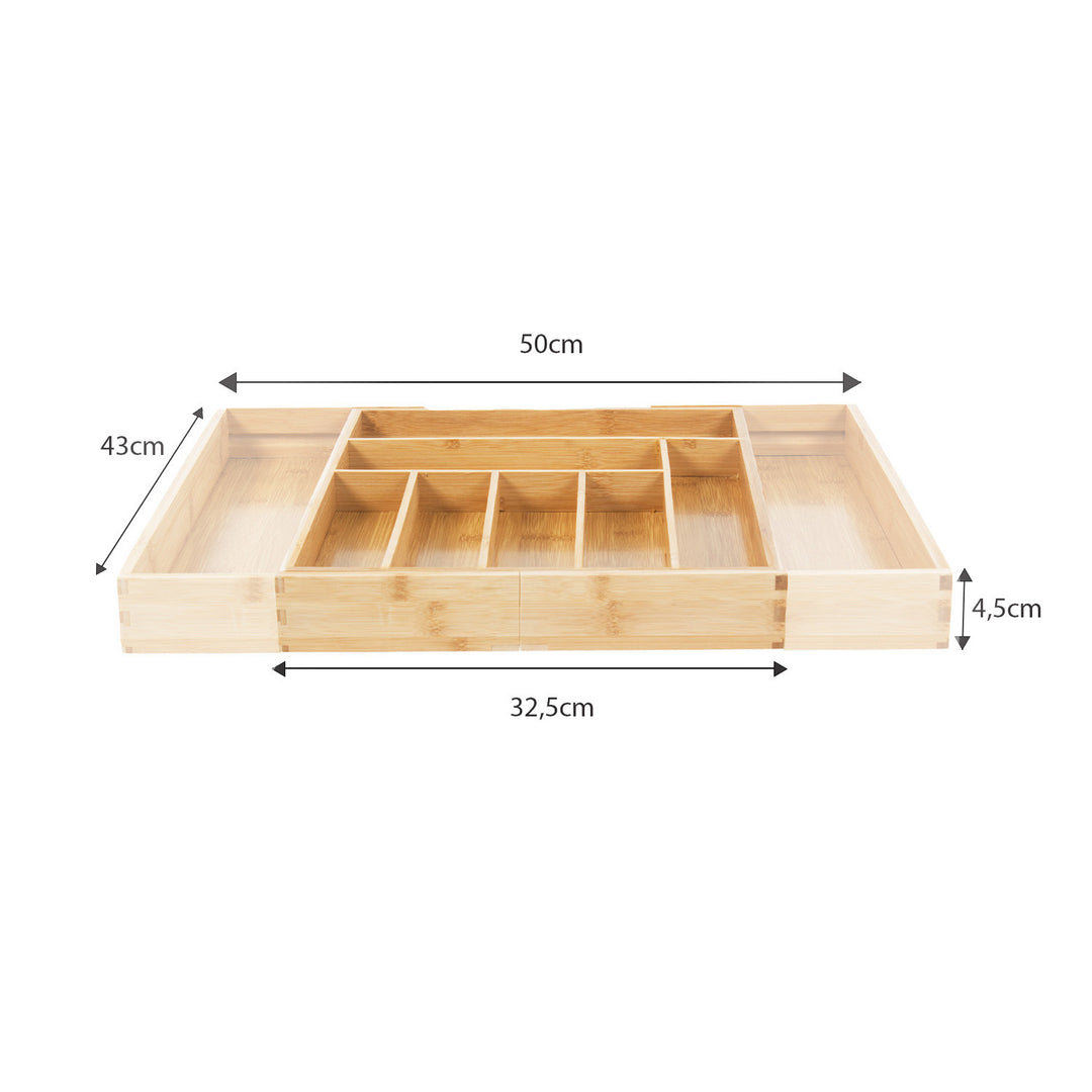 GreenBlue GB379 Organizador de Bambú para Cubiertos, Bandeja Extensible, 7 Compartimientos Básicos y 2 Extraibles para Utansilios de Cocina, Organización de Cajón de Cubertería, Dimensiones: 32,5-50x43x4,5cm