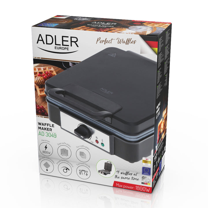 Máquina de waffles Adler, para 4 waffles, controlo de temperatura, 1800 W, AD 3049