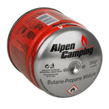 24 cartuchos de gás Alpen Camping de 400 ml. Certificado: PI 0437, em conformidade com a norma EN417, propano-butano, temperatura de funcionamento de -10 °C a +40 °C, sistema GAS STOP IK006.