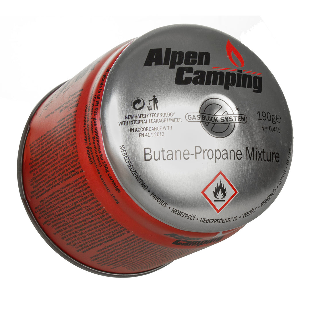 24x cartucho de gas Alpen Camping 400ml. certificado: Pi 0437, cumple con EN417, propano-butano, rango -10°c a + 40°c, sistema GAS STOP IK006