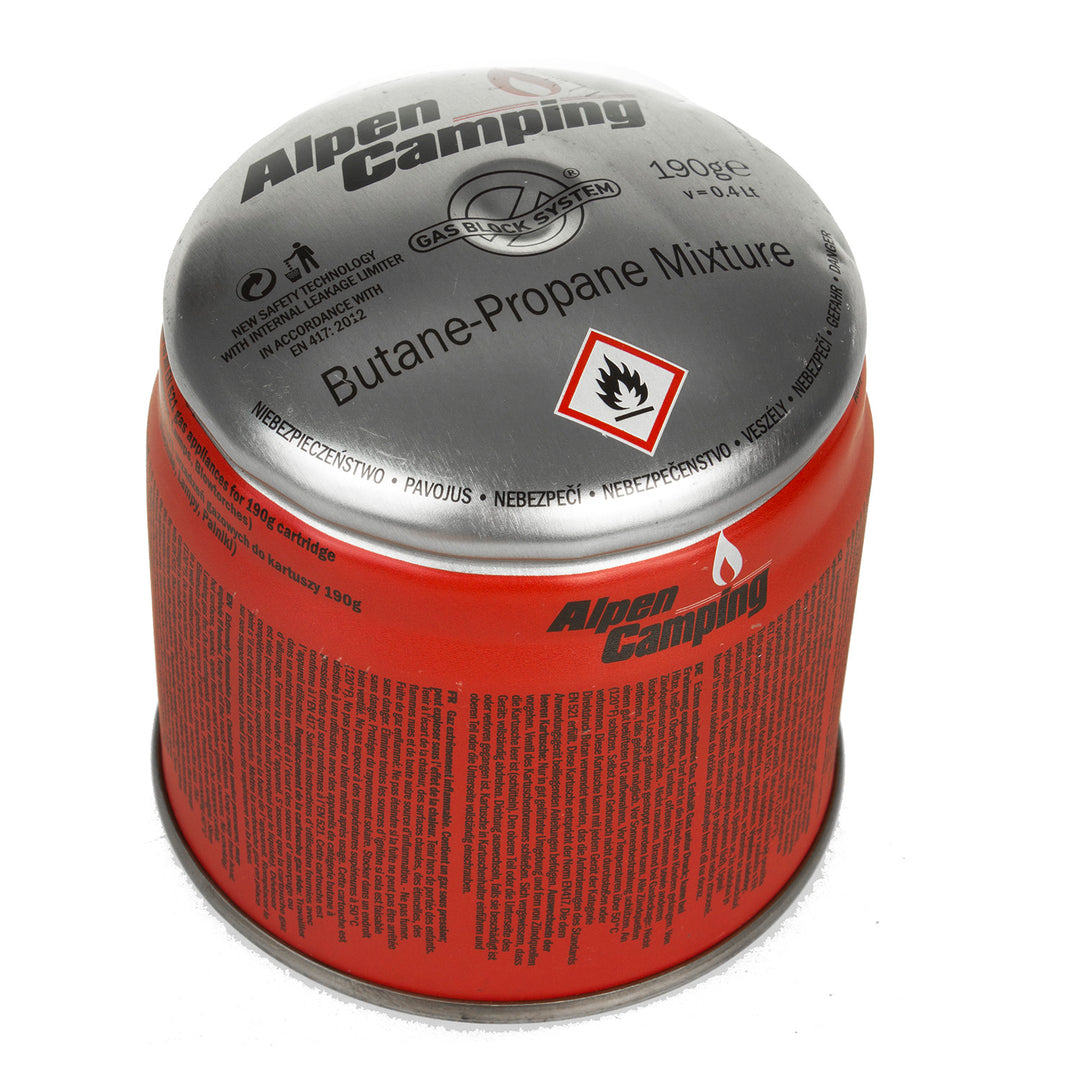12x cartucho de gas Alpen Camping 400ml. certificado: Pi 0437, cumple con EN417, propano-butano, rango -10°c a + 40°c, sistema GAS STOP IK006