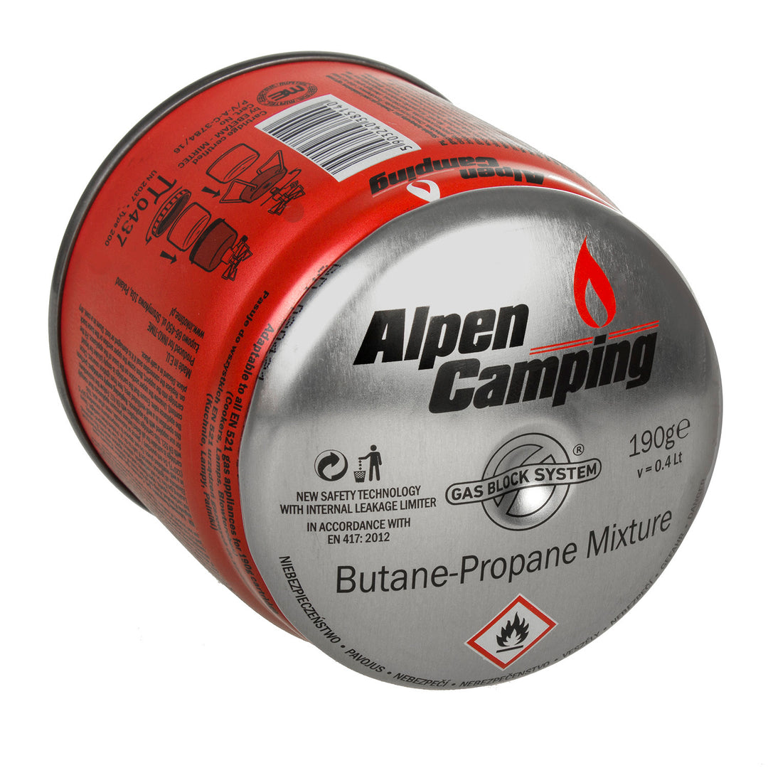 48 cartuchos de gás Alpen Camping de 400 ml. Certificado: PI 0437, em conformidade com a norma EN417, propano-butano, temperatura de funcionamento de -10 °C a +40 °C, sistema GAS STOP IK006.