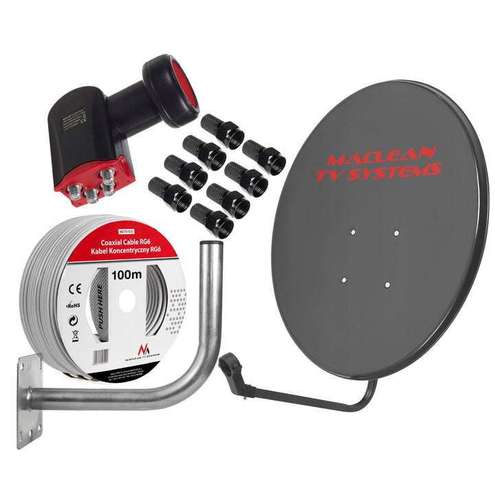 Equipo satélite, antena parabólica de 90 cm, soporte de antena de 40 cm, convertidor cuádruple, cable de 100 m, enchufes