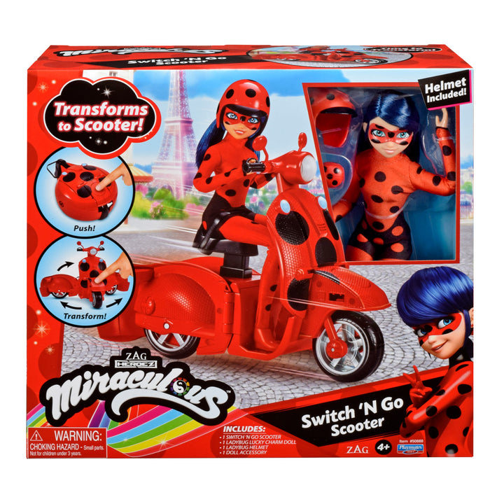 Miraculous: Ladybug y el gato negro, juego de patinete Lucky Charm, muñeca Ladybug